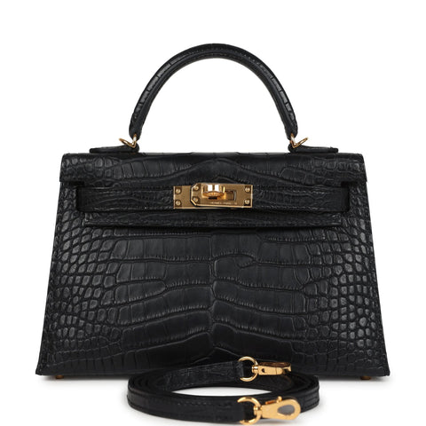 Hermes Kelly Sellier 20 Black Matte Alligator Gold Hardware